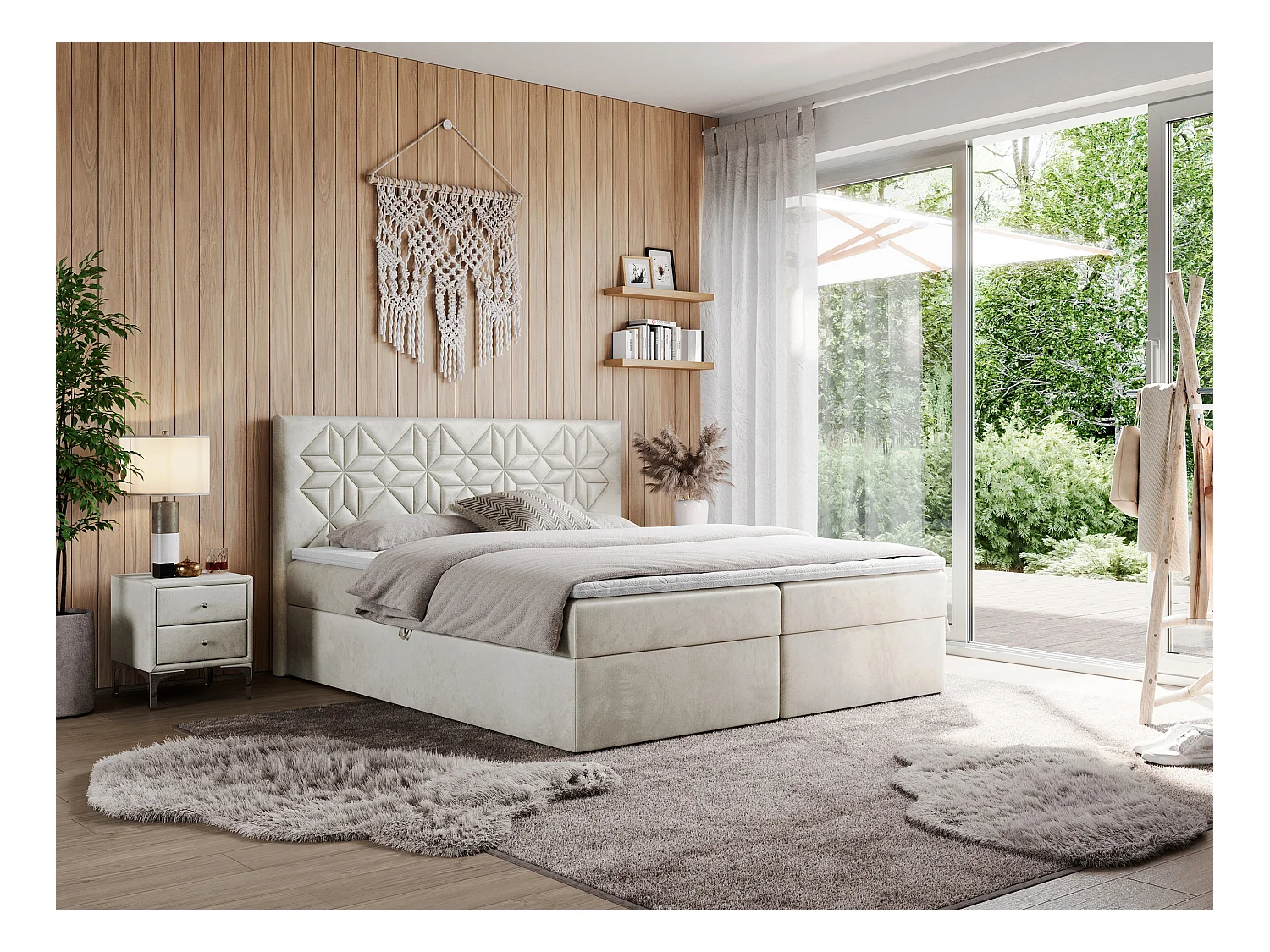 Boxspringbett LEILA - gestepptes Kopfteil,  7 Härtezonen Multipocket-Matratzen, Doppelbett mit Bettkästen - 120x200 cm - H3 - Beige Velvet