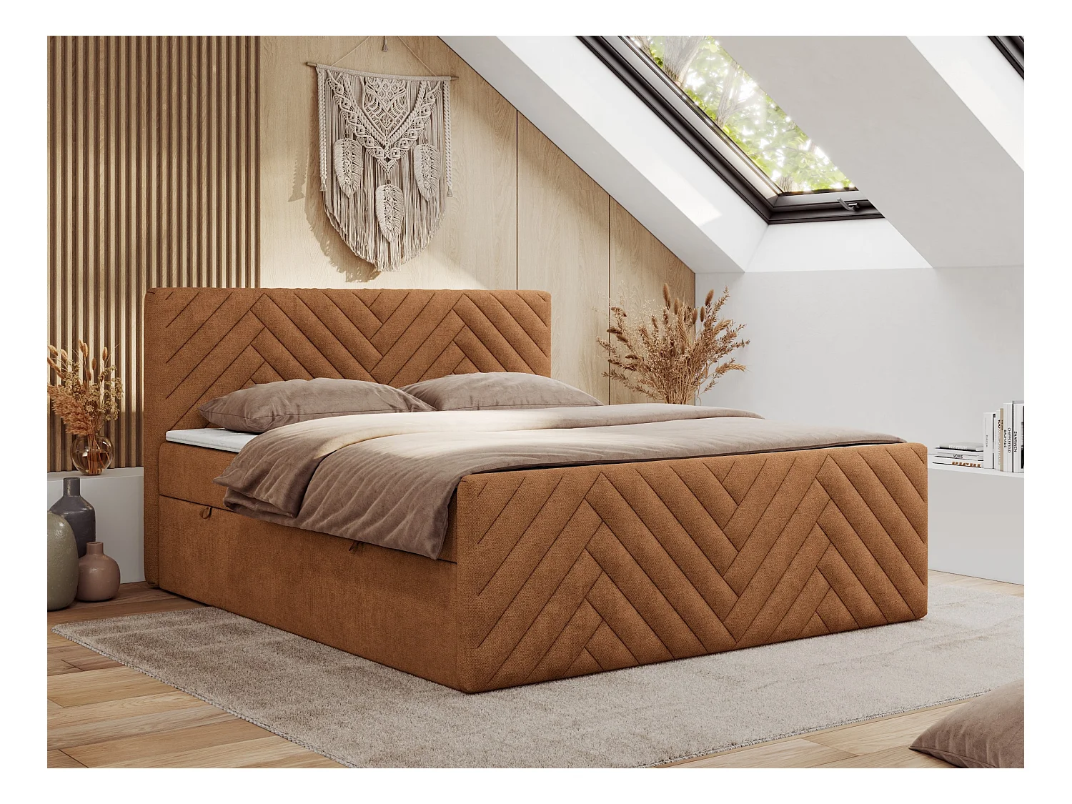 Boxspringbett PARIS DUO - Polsterbett mit genähtem Kopfteil und Frontplatte, Doppelbett, zwei Bettkästen - 160x200 cm - H4 - Orange Strukture