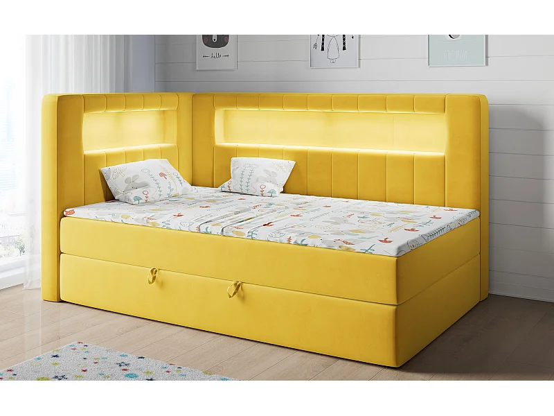 Kinderbett JUNIOR GOLD 3 - Einzelbett mit Matratze, LED-Beleuchtung, Bettkasten - 90x200 cm - Links Seite