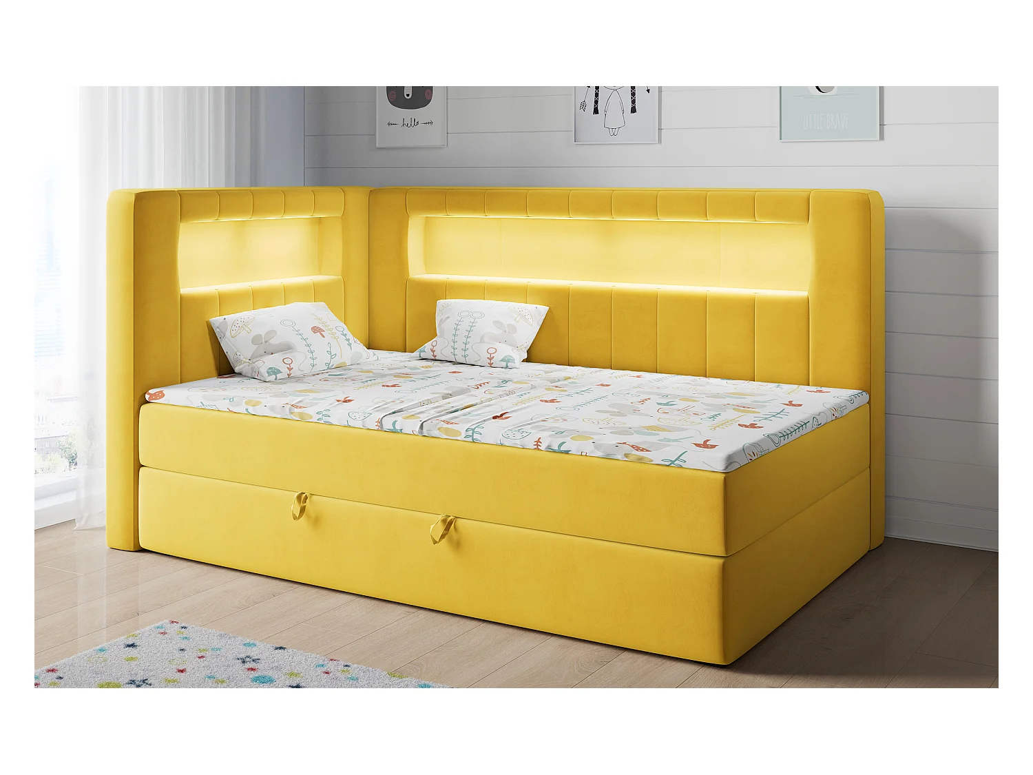 Kinderbett JUNIOR GOLD 3 - Einzelbett mit Matratze, LED-Beleuchtung, Bettkasten - 90x200 cm - Links Seite