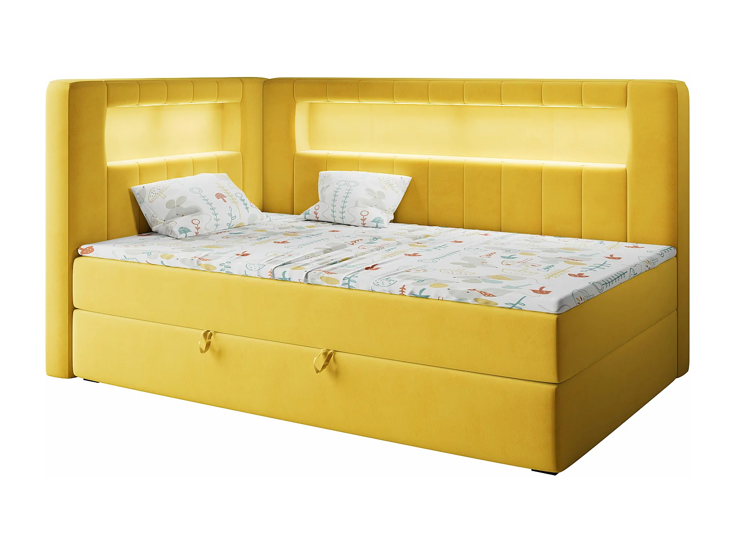 Kinderbett JUNIOR GOLD 3 - Einzelbett mit Matratze, LED-Beleuchtung, Bettkasten - 90x200 cm - Links Seite