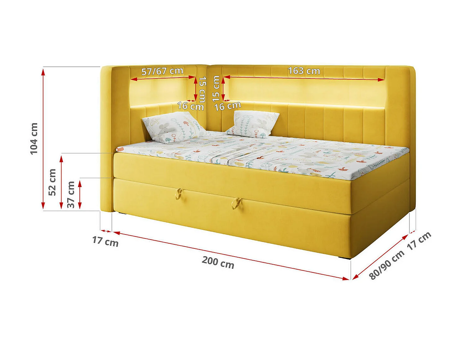 Kinderbett JUNIOR GOLD 3 - Einzelbett mit Matratze, LED-Beleuchtung, Bettkasten - 90x200 cm - Links Seite