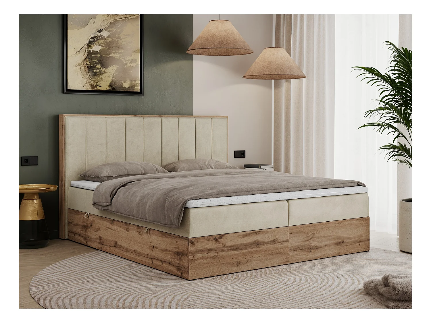 Boxspringbett BELLISSIMO - mit gestepptem Kopfteil, Polsterbett mit zwei Bettkästen, Multipocket-Matratze - 180x200 cm - H3 - Beige Velvet