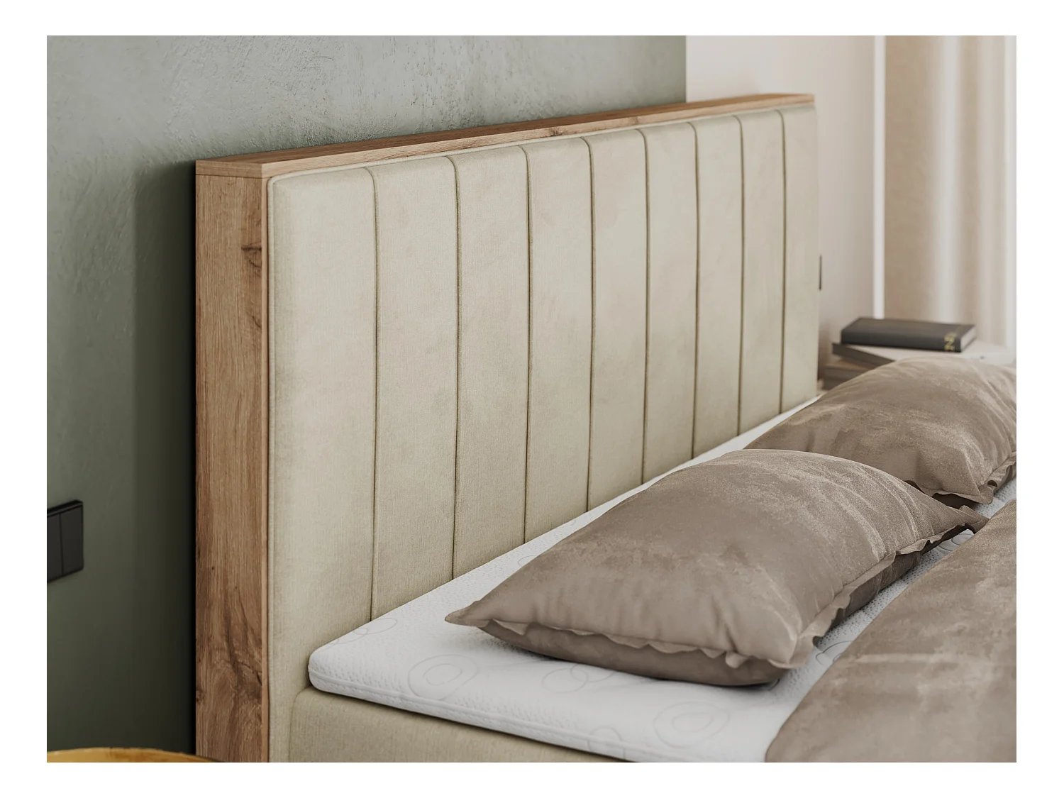 Boxspringbett BELLISSIMO - mit gestepptem Kopfteil, Polsterbett mit zwei Bettkästen, Multipocket-Matratze - 180x200 cm - H3 - Beige Velvet