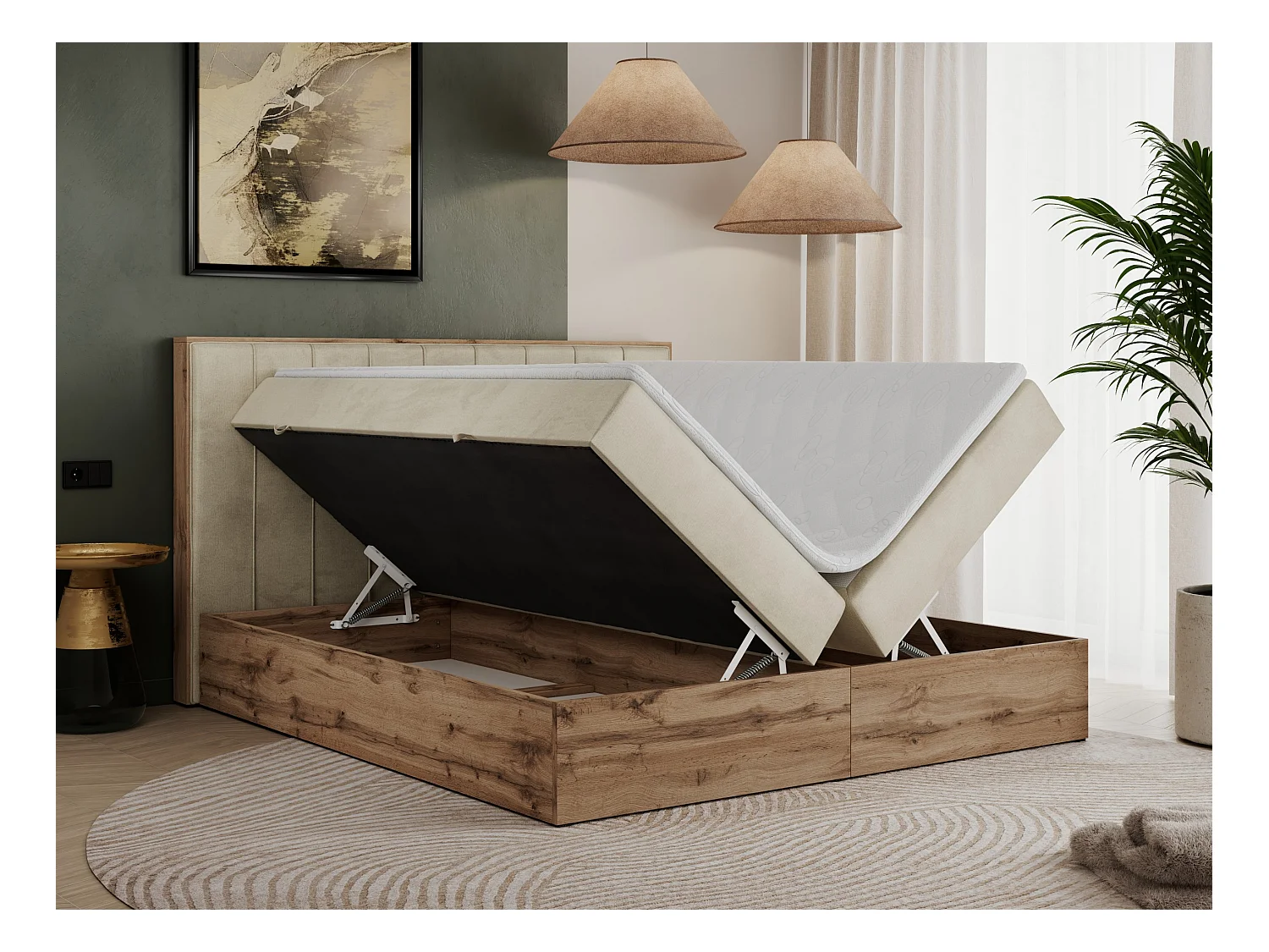 Boxspringbett BELLISSIMO - mit gestepptem Kopfteil, Polsterbett mit zwei Bettkästen, Multipocket-Matratze - 180x200 cm - H3 - Beige Velvet