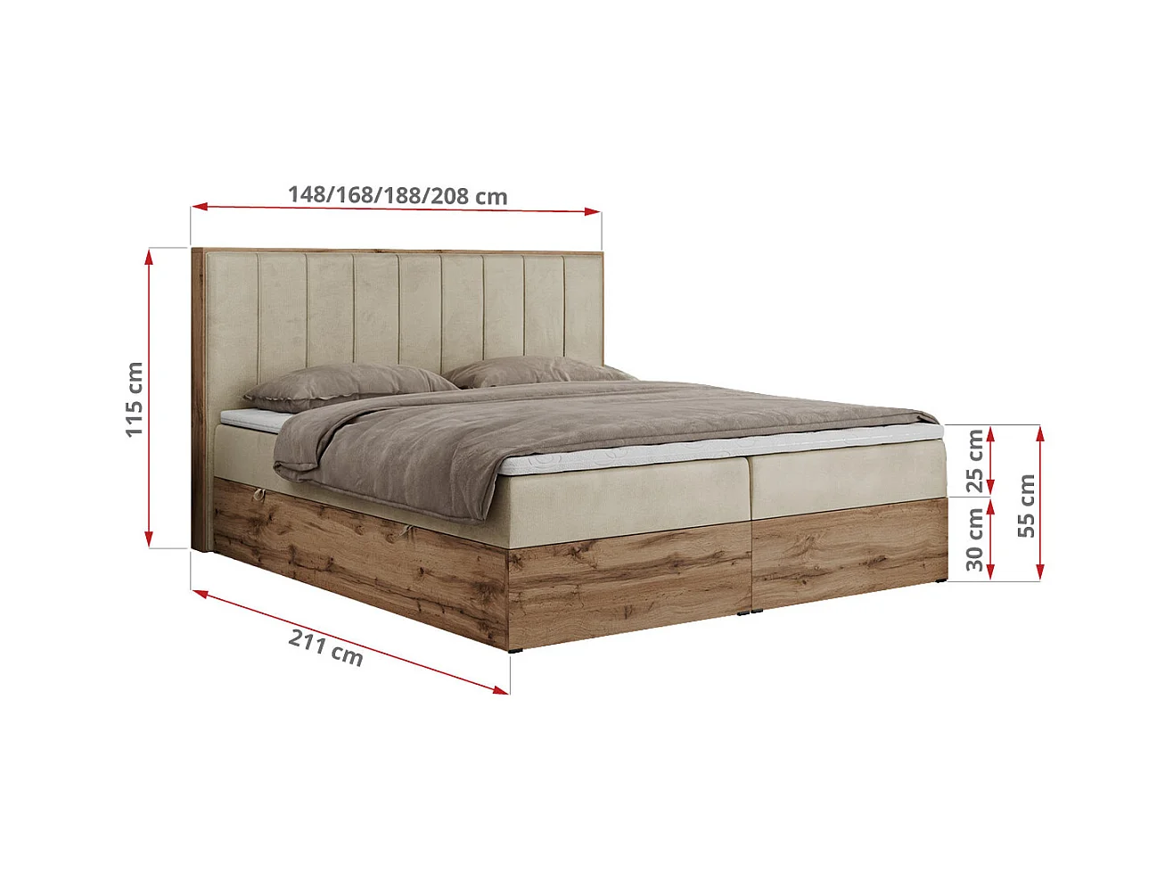 Boxspringbett BELLISSIMO - mit gestepptem Kopfteil, Polsterbett mit zwei Bettkästen, Multipocket-Matratze - 180x200 cm - H3 - Beige Velvet