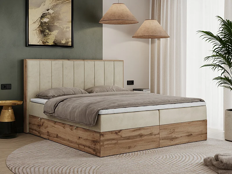 Boxspringbett BELLISSIMO - mit gestepptem Kopfteil, Polsterbett mit zwei Bettkästen, Multipocket-Matratze - 180x200 cm - H3 - Beige Velvet