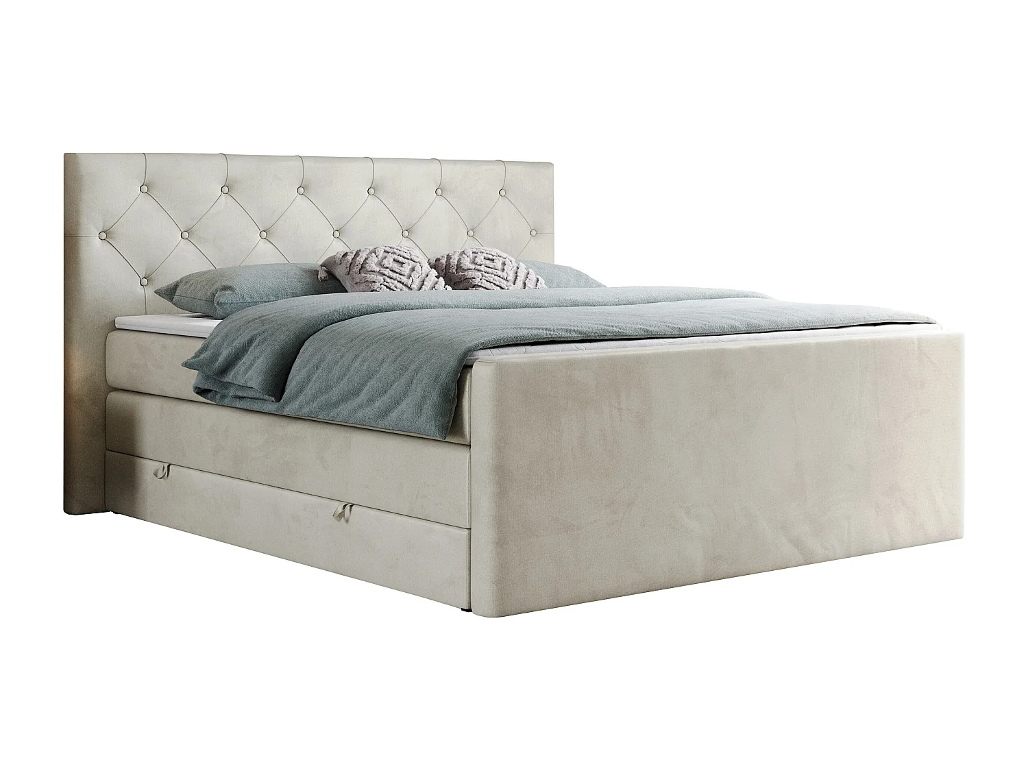 Boxspringbett VELEN KING - Doppelbett mit gestepptem Kopfteil, zwei Multipocket-Matratzen, Polsterbett mit Kopfstütze - 160x200 cm - H4 - Beige Velvet