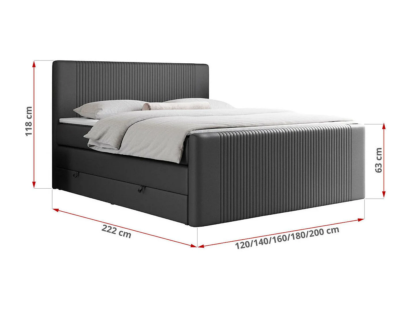 Boxspringbett DOREN KING - mit gesteppter Front und Kopfteil, zwei Multipocket-Matratzen und Topper, Doppelbett - 160x200 cm - H3 - Dunkelgrau Kunstleder