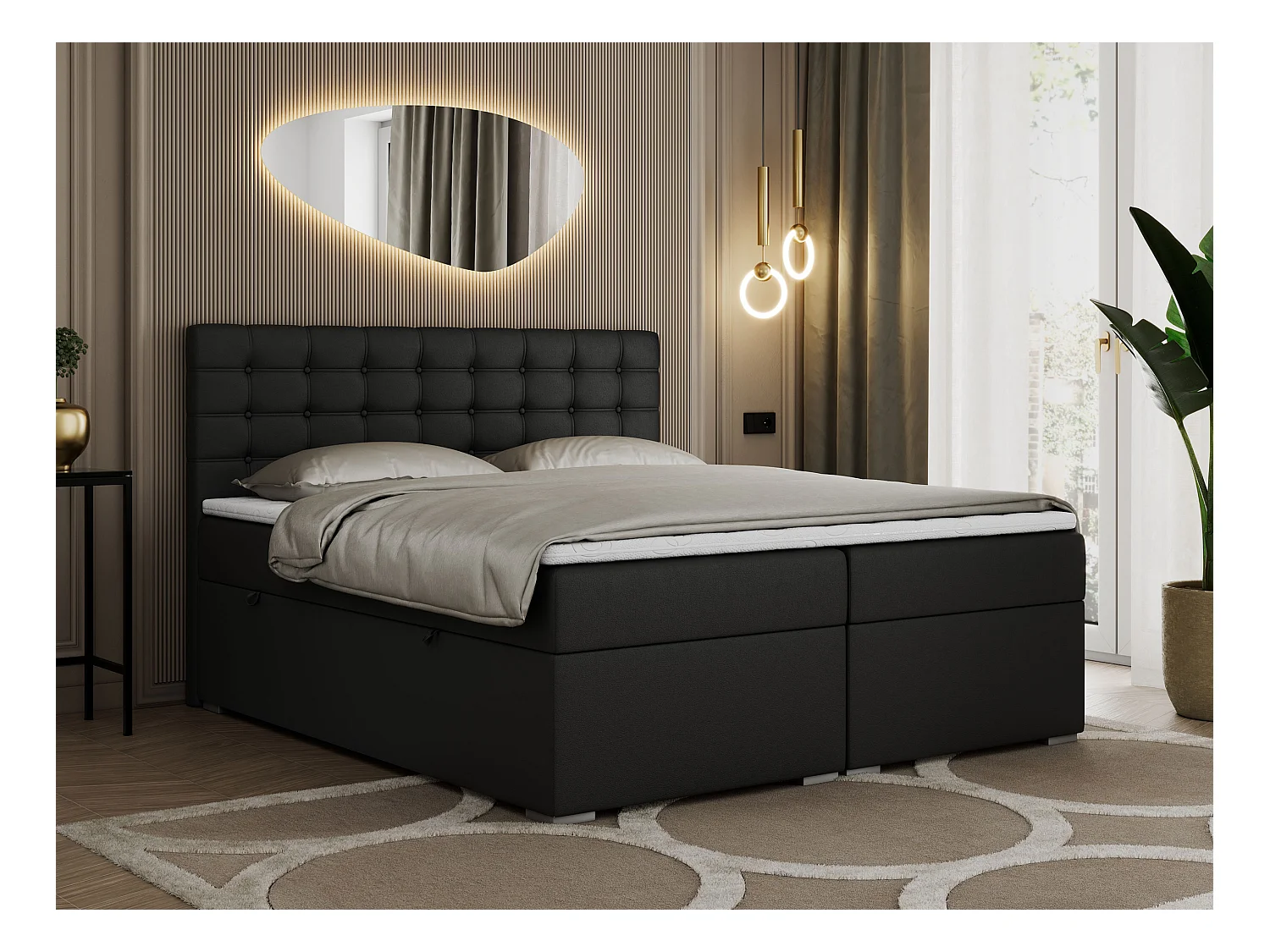 Boxspringbett SUSAN - mit gestepptem Kopfteil, zwei Bettkästen und Topper, gepolstertes Schlafzimmerbett - 160x200 cm - H4 - Schwarz Kunstleder