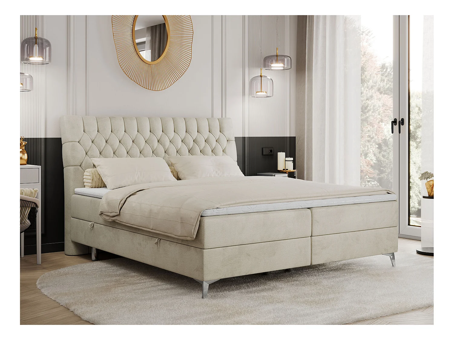 Boxspringbett MILEN - gepolstertes Schlafzimmerbett, zwei Multipocket-Matratze, dekorative hohe Beine - 160x200 cm - H3 - Beige Velvet
