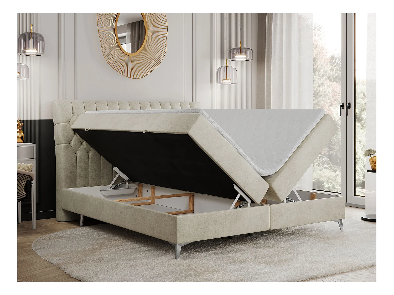 Boxspringbett MILEN - gepolstertes Schlafzimmerbett, zwei Multipocket-Matratze, dekorative hohe Beine - 160x200 cm - H3 - Beige Velvet