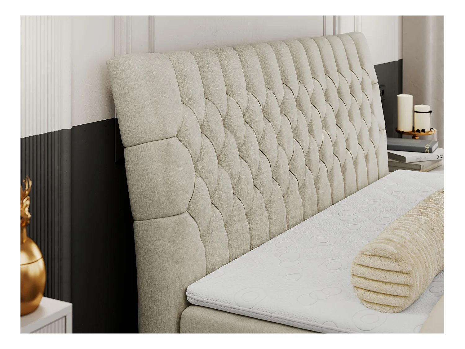 Boxspringbett MILEN - gepolstertes Schlafzimmerbett, zwei Multipocket-Matratze, dekorative hohe Beine - 160x200 cm - H3 - Beige Velvet