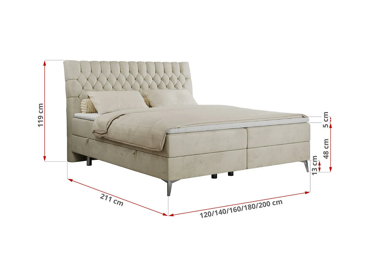 Boxspringbett MILEN - gepolstertes Schlafzimmerbett, zwei Multipocket-Matratze, dekorative hohe Beine - 160x200 cm - H3 - Beige Velvet