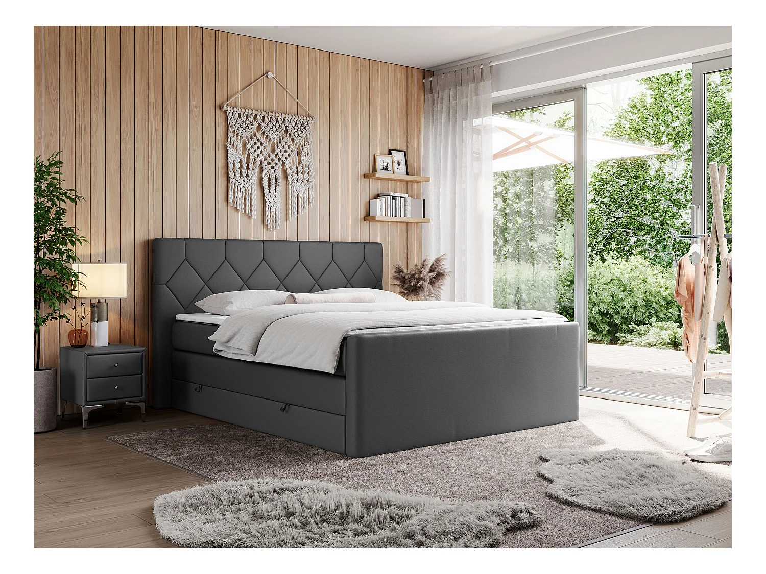 Boxspringbett EIGAR KING - Doppelbett mit genähtem Kopfteil, zwei Multipocket-Matratzen, Polsterbett für Schlafzimmer - 200x200 cm - H4 - Dunkelgrau Kunstleder