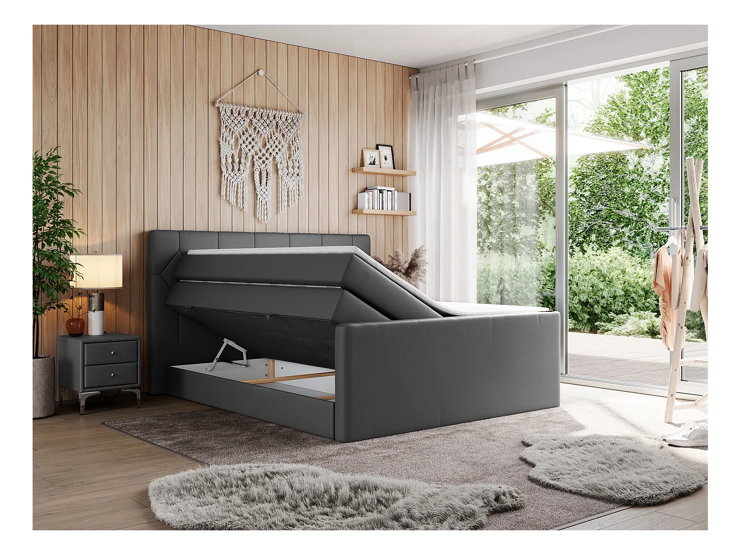 Boxspringbett EIGAR KING - Doppelbett mit genähtem Kopfteil, zwei Multipocket-Matratzen, Polsterbett für Schlafzimmer - 200x200 cm - H4 - Dunkelgrau Kunstleder