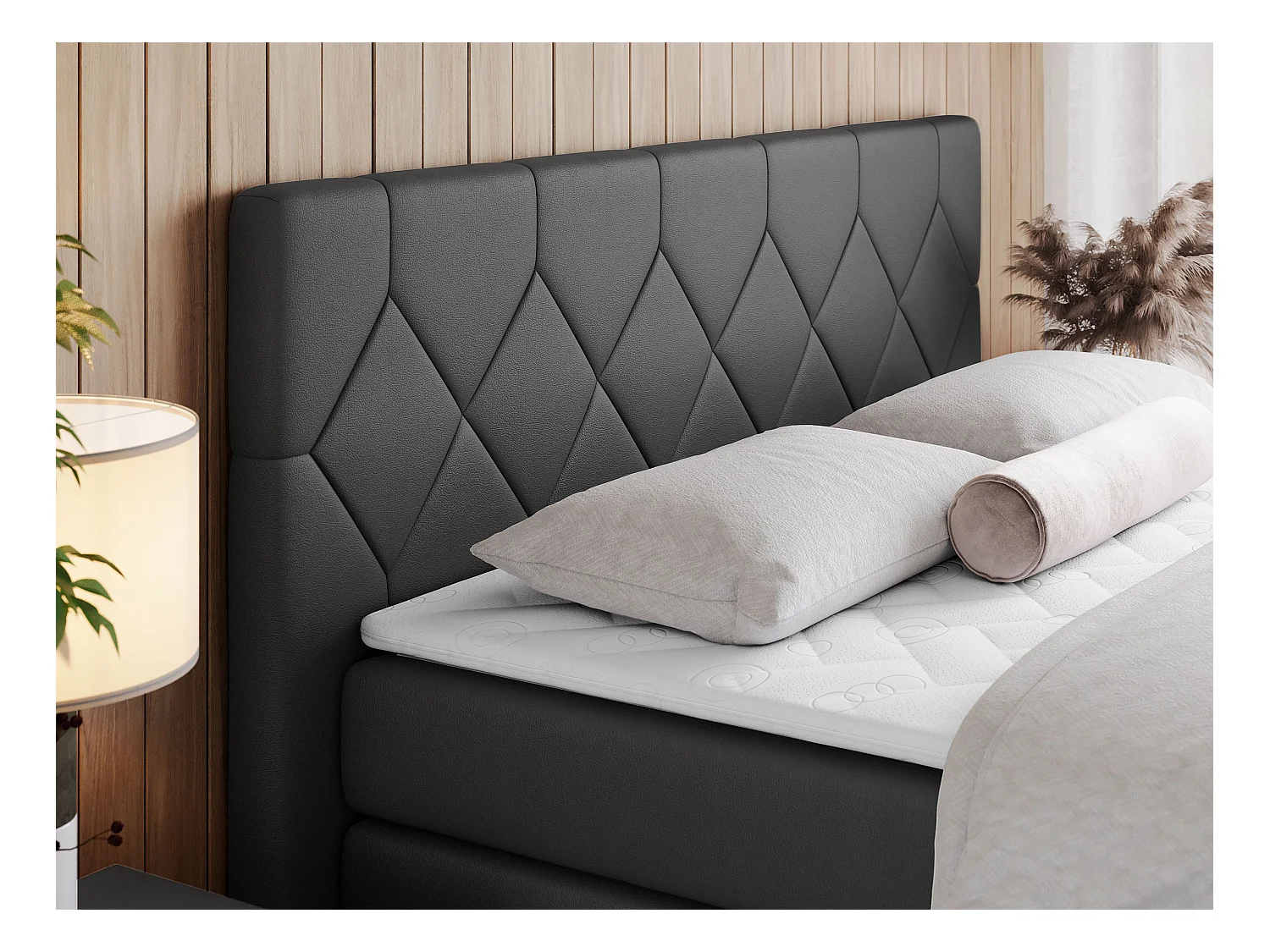 Boxspringbett EIGAR KING - Doppelbett mit genähtem Kopfteil, zwei Multipocket-Matratzen, Polsterbett für Schlafzimmer - 200x200 cm - H4 - Dunkelgrau Kunstleder