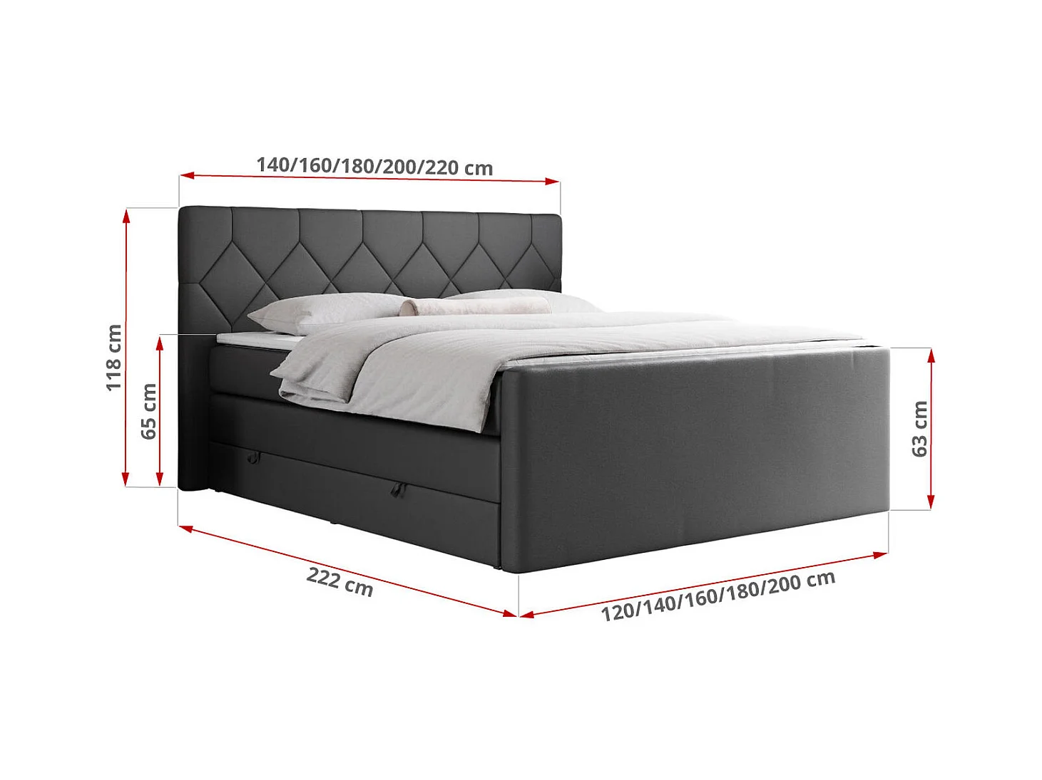 Boxspringbett EIGAR KING - Doppelbett mit genähtem Kopfteil, zwei Multipocket-Matratzen, Polsterbett für Schlafzimmer - 200x200 cm - H4 - Dunkelgrau Kunstleder