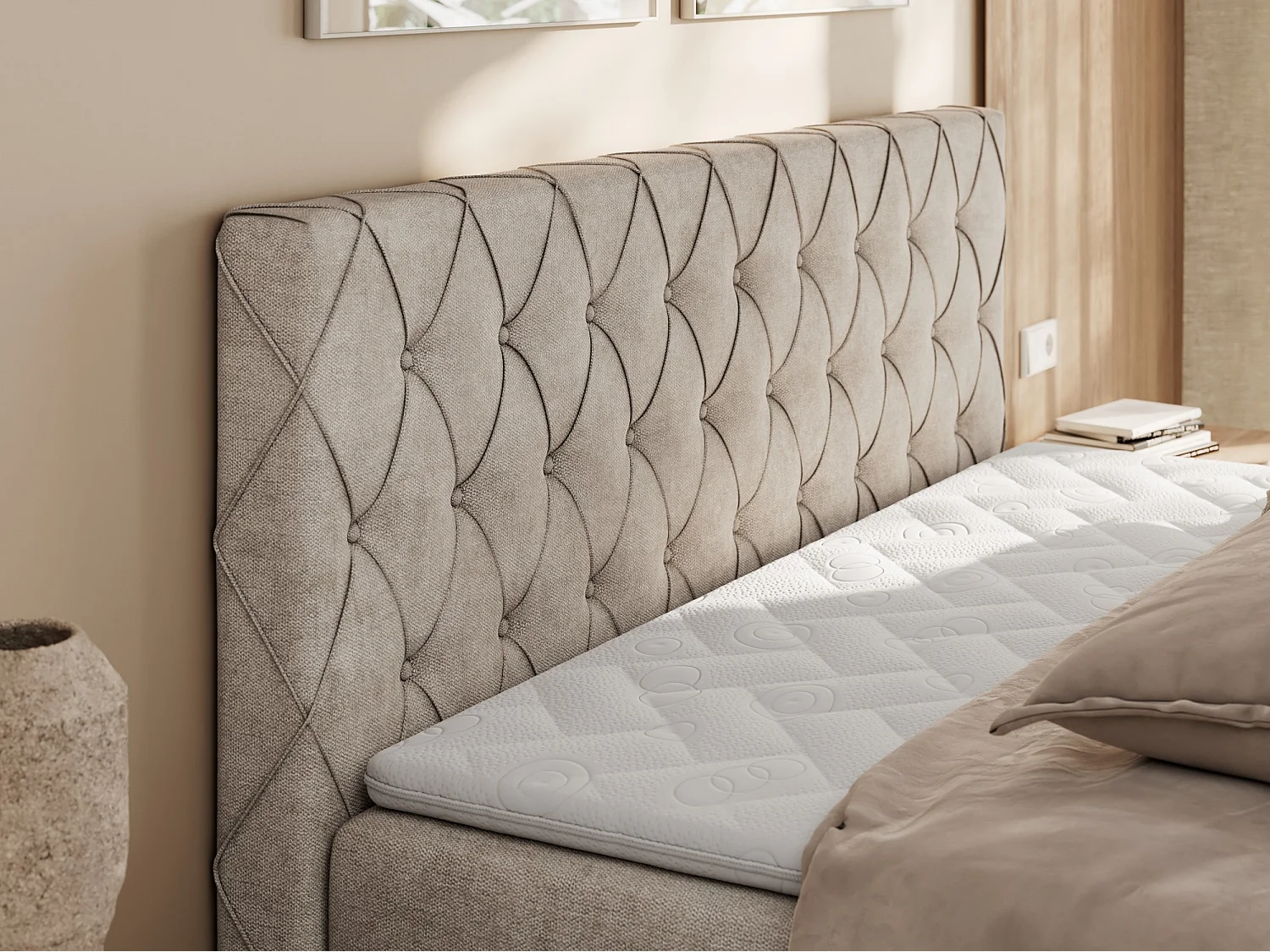 Boxspringbett MIREN DUO - mit gestepptem Kopfteil und Front, Multipocket-Matratze, zwei Bettkästen - 200x200 cm - H4 - Beige Strukture