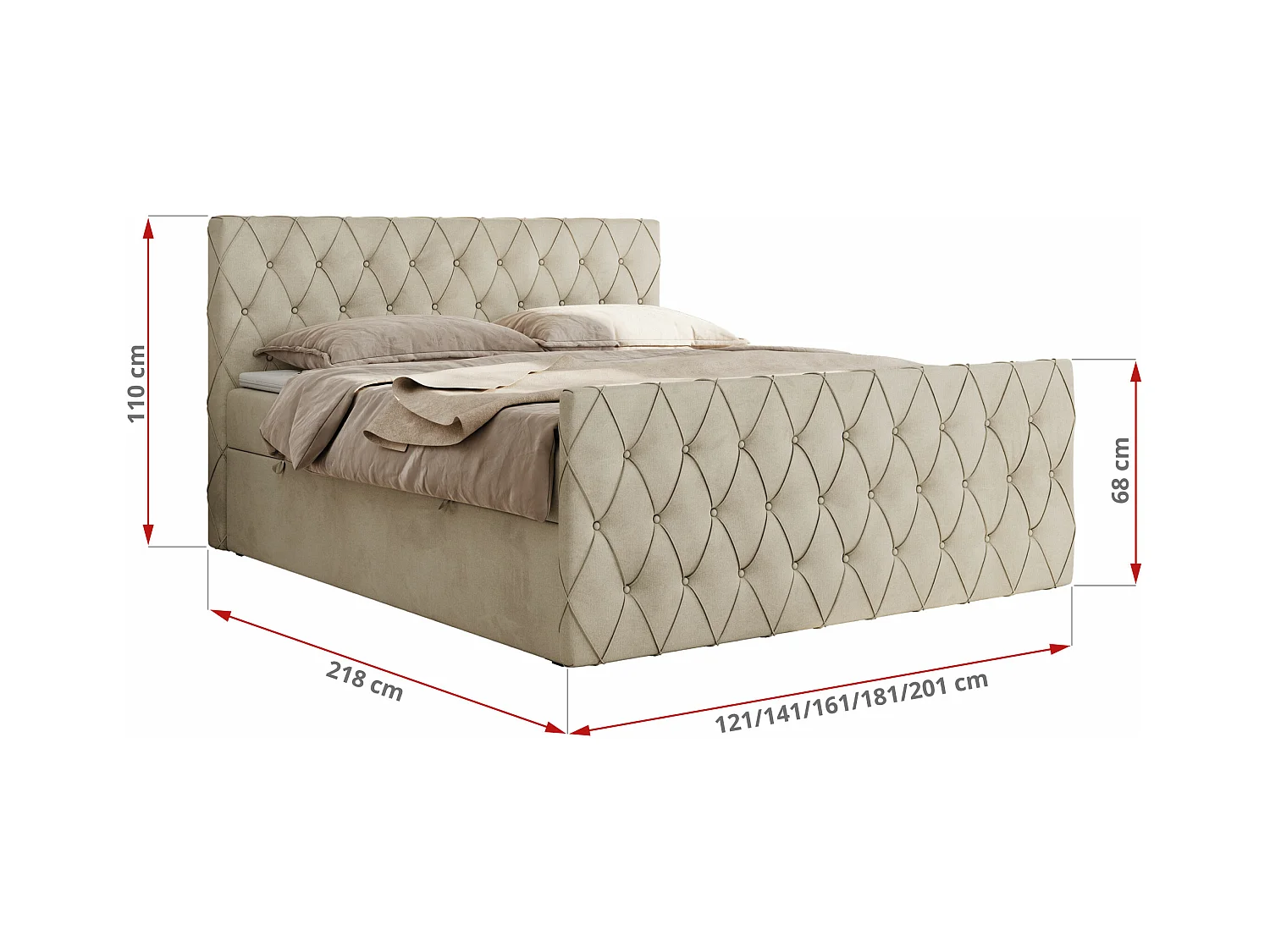 Boxspringbett MIREN DUO - mit gestepptem Kopfteil und Front, Multipocket-Matratze, zwei Bettkästen - 200x200 cm - H3 - Beige Velvet