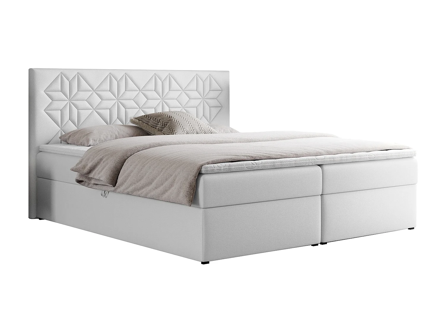 Boxspringbett LEILA - gestepptes Kopfteil,  7 Härtezonen Multipocket-Matratzen, Doppelbett mit Bettkästen - 180x200 cm - H4 - Weiß Kunstleder