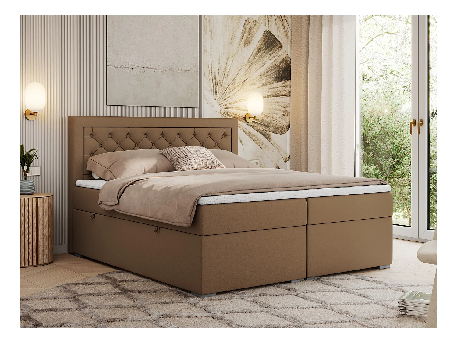 Boxspringbett JASIR - mit gestepptem Kopfteil, Doppelbett für Schlafzimmer, Multipocket-Matratze, Stauraum - 120x200 cm - H3 - Braun Kunstleder