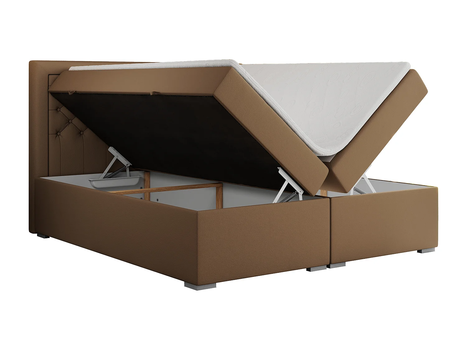 Boxspringbett JASIR - mit gestepptem Kopfteil, Doppelbett für Schlafzimmer, Multipocket-Matratze, Stauraum - 120x200 cm - H3 - Braun Kunstleder
