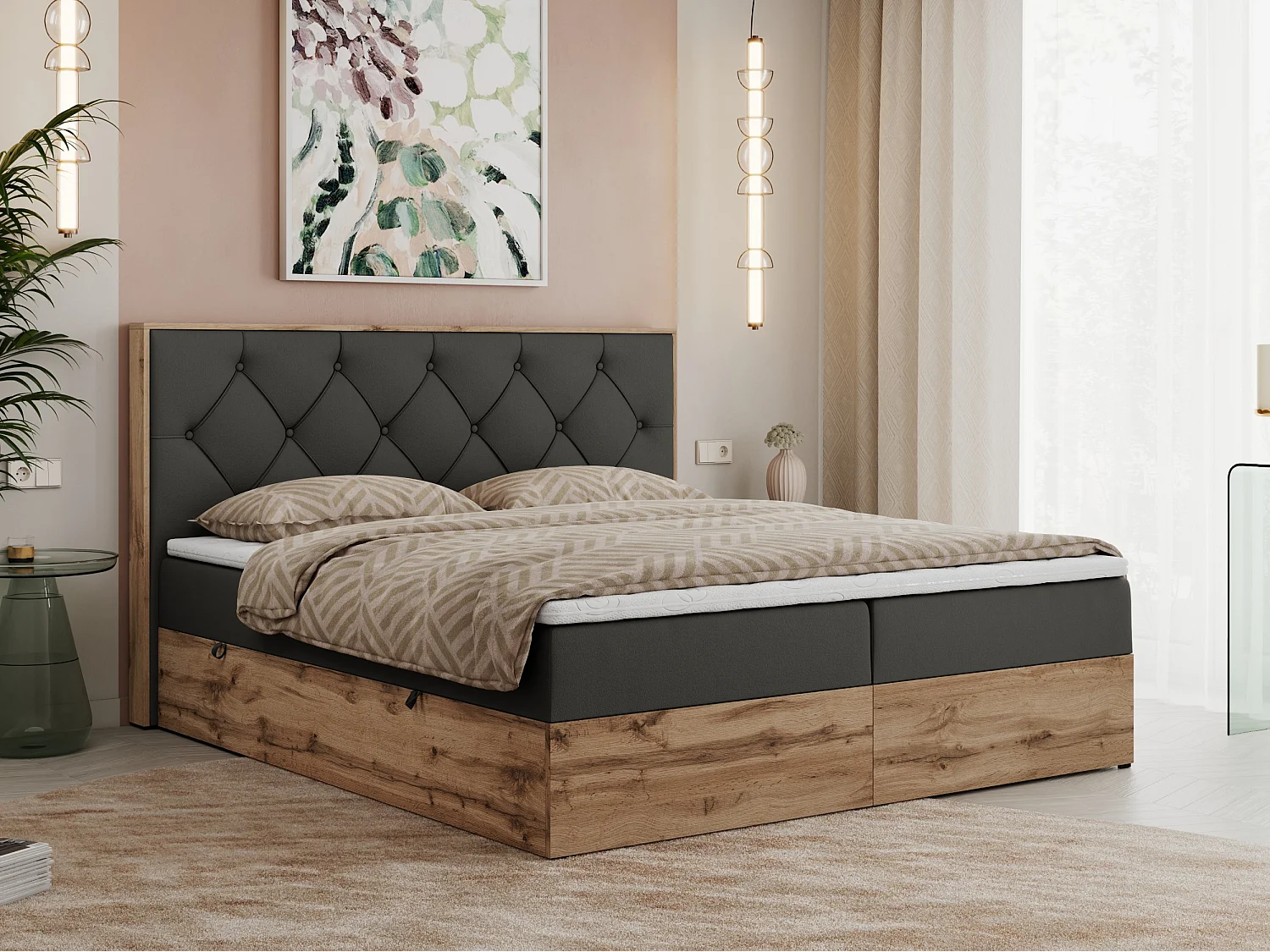 Boxspringbett VENETO - gestepptem Kopfteil, Set mit Multipocket-Matratze und Topper, Holzrahmen, zwei Bettkästen - 180x200 cm - H4 - Dunkelgrau Kunstleder