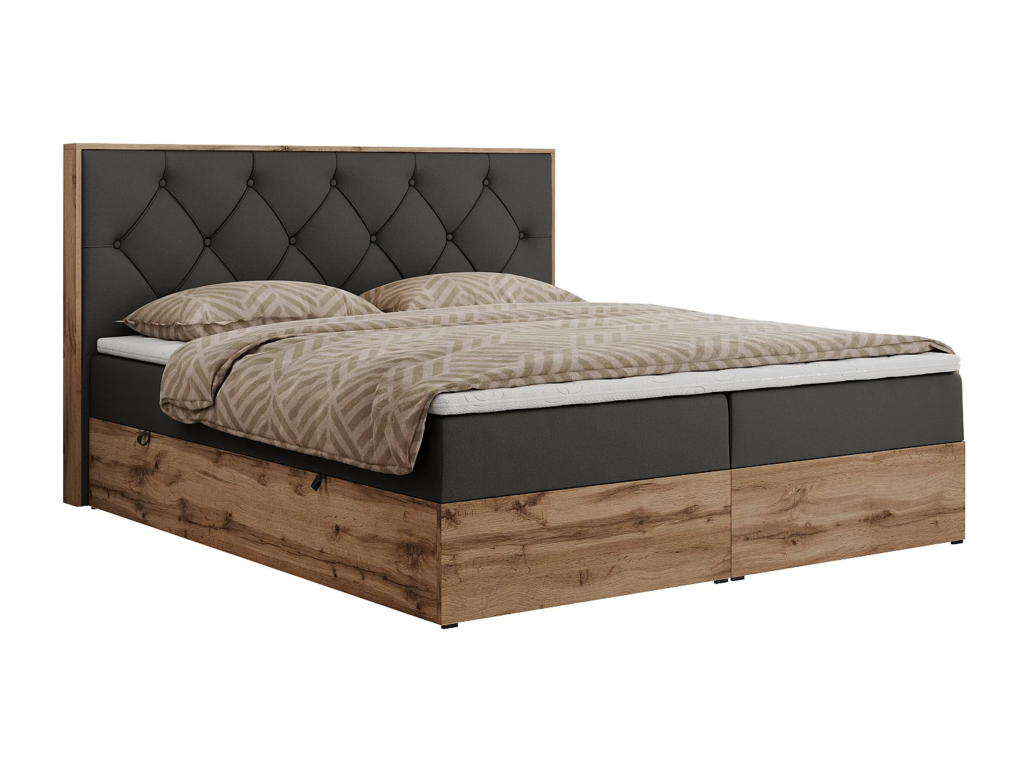 Boxspringbett VENETO - gestepptem Kopfteil, Set mit Multipocket-Matratze und Topper, Holzrahmen, zwei Bettkästen - 180x200 cm - H4 - Dunkelgrau Kunstleder
