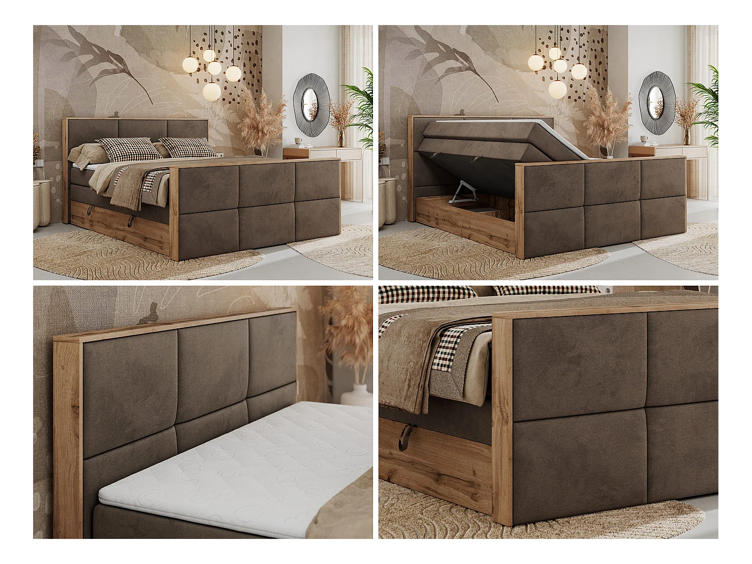 Boxspringbett ALBERO 2 KING DUO - Eiche Wotan Holzrahmen, zwei Multipocket-Matratzen, Bettkästen - 180x200 cm - H4 - Braun Velvet