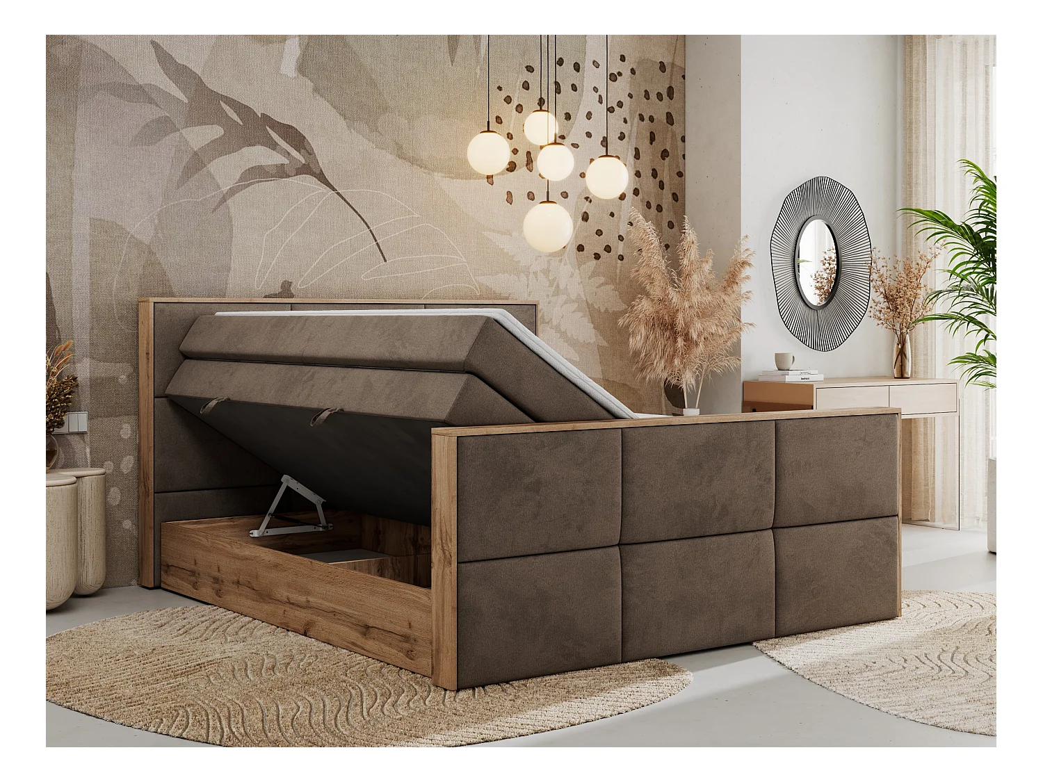 Boxspringbett ALBERO 2 KING DUO - Eiche Wotan Holzrahmen, zwei Multipocket-Matratzen, Bettkästen - 180x200 cm - H4 - Braun Velvet