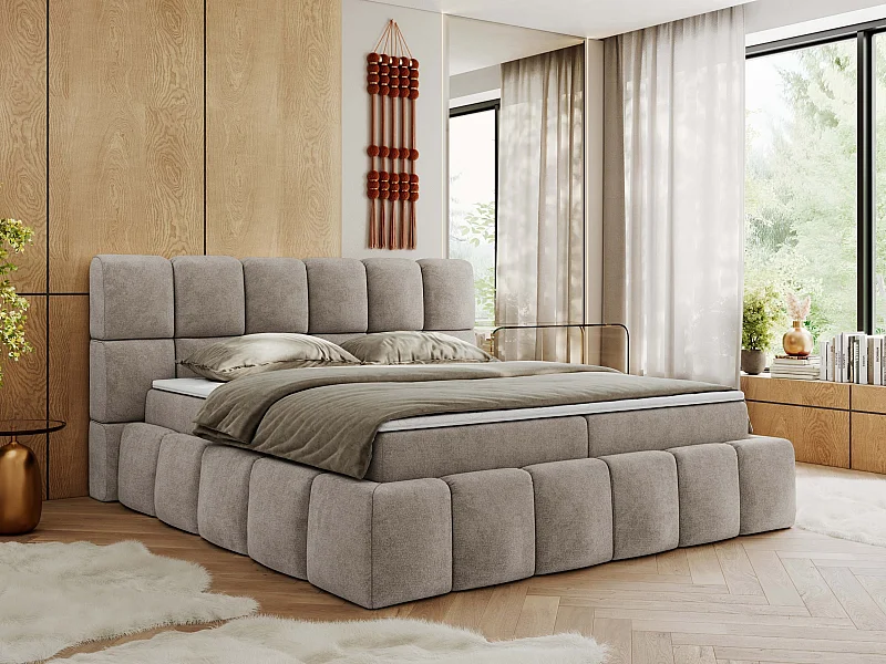Boxspringbett NIRA - dekorativ kopfteil, Bettkästen und Multipocket-Matratze, Doppelbett für Schlafzimmer - 140x200 cm - H4 - Beige Strukture