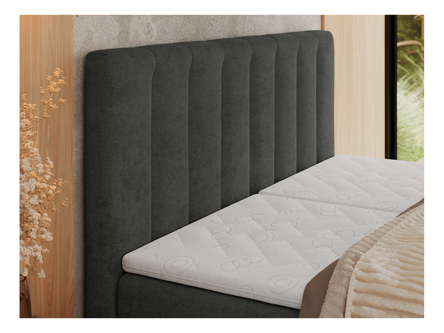 Boxspringbett COMFORTO - Doppelbett, Elektrisch verstellbare, Multipocket-Matratzen und Topper, genähtes Kopfteil - 140x200 cm - H3 - Dunkelgrau Strukture