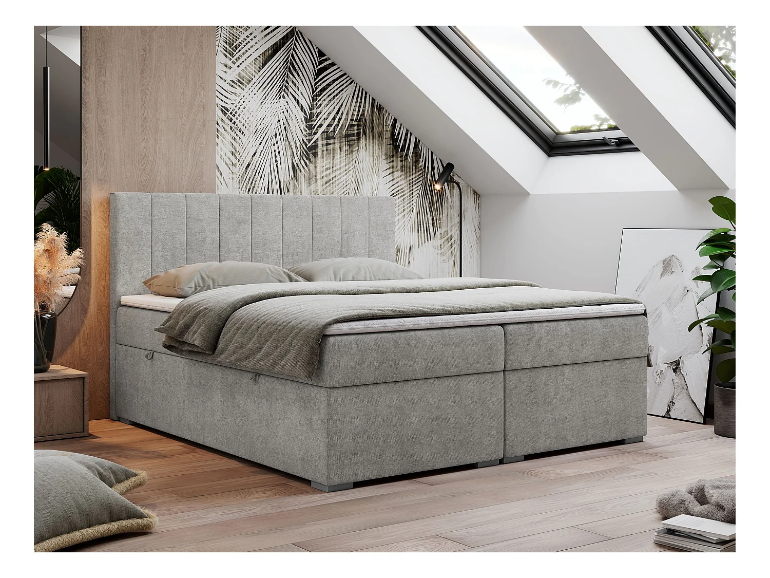 Boxspringbett LOPE - genähtes Kopfteil, Doppelbett mit Stauraum, Multipocket-Matratze, Topper - 180x200 cm - H4 - Hellgrau Strukture