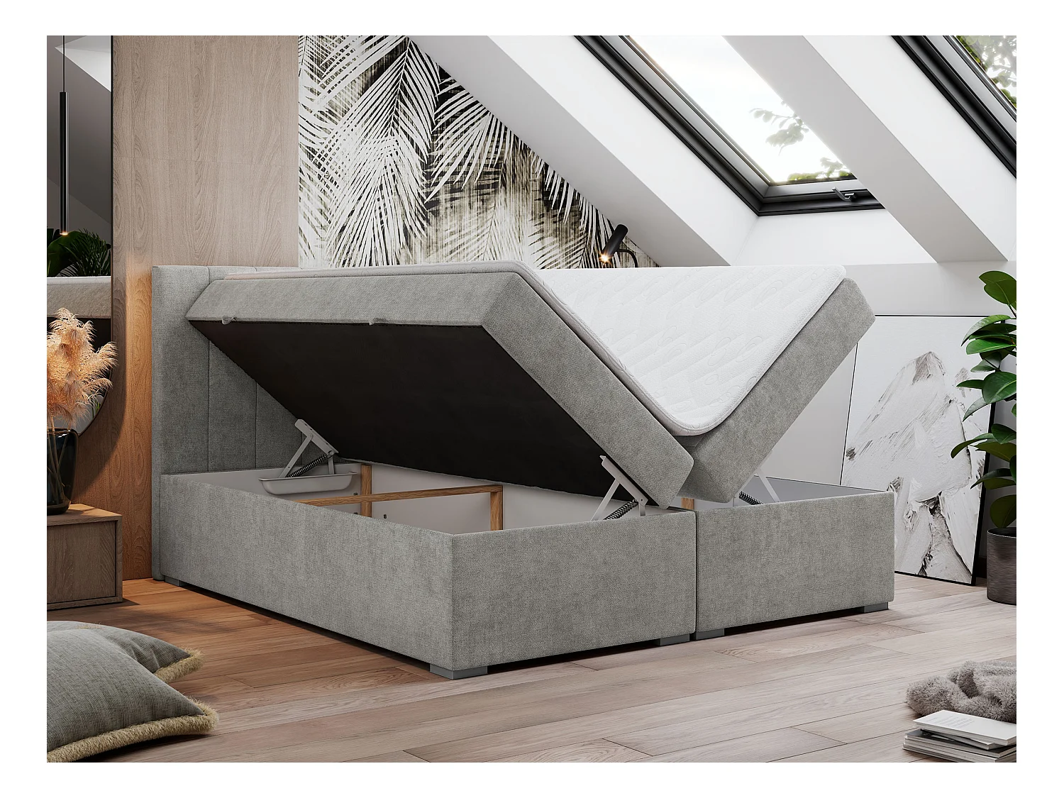 Boxspringbett LOPE - genähtes Kopfteil, Doppelbett mit Stauraum, Multipocket-Matratze, Topper - 180x200 cm - H4 - Hellgrau Strukture