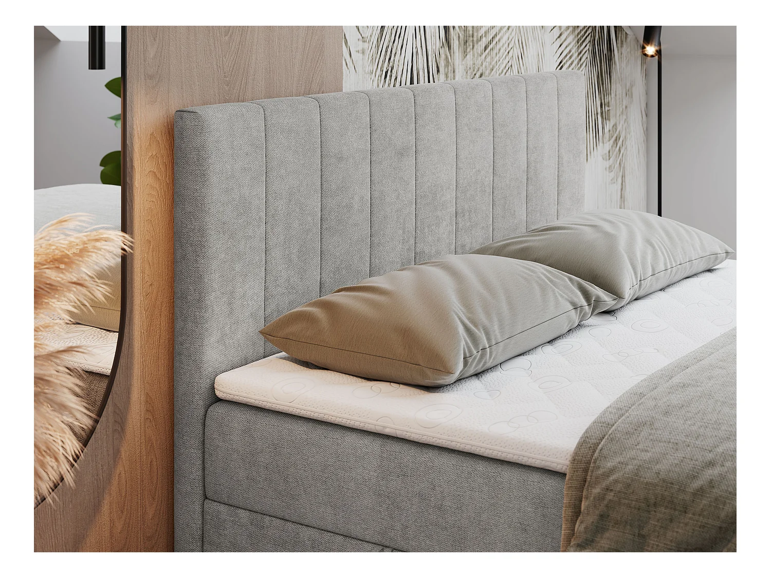 Boxspringbett LOPE - genähtes Kopfteil, Doppelbett mit Stauraum, Multipocket-Matratze, Topper - 180x200 cm - H4 - Hellgrau Strukture