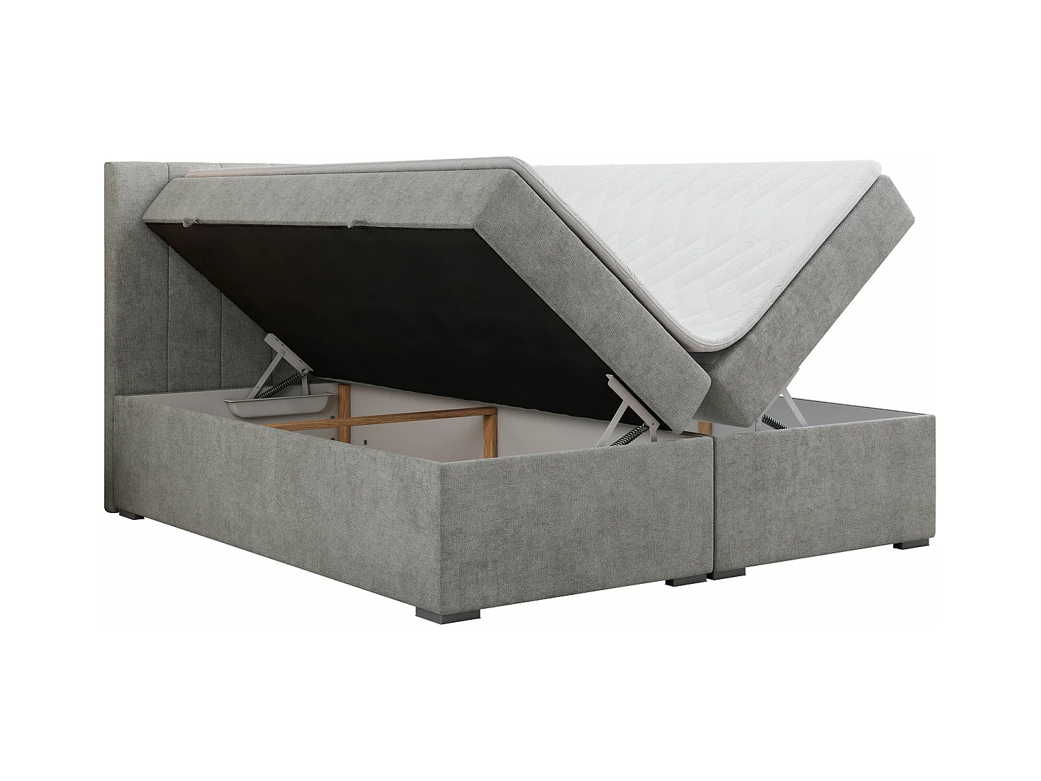 Boxspringbett LOPE - genähtes Kopfteil, Doppelbett mit Stauraum, Multipocket-Matratze, Topper - 180x200 cm - H4 - Hellgrau Strukture