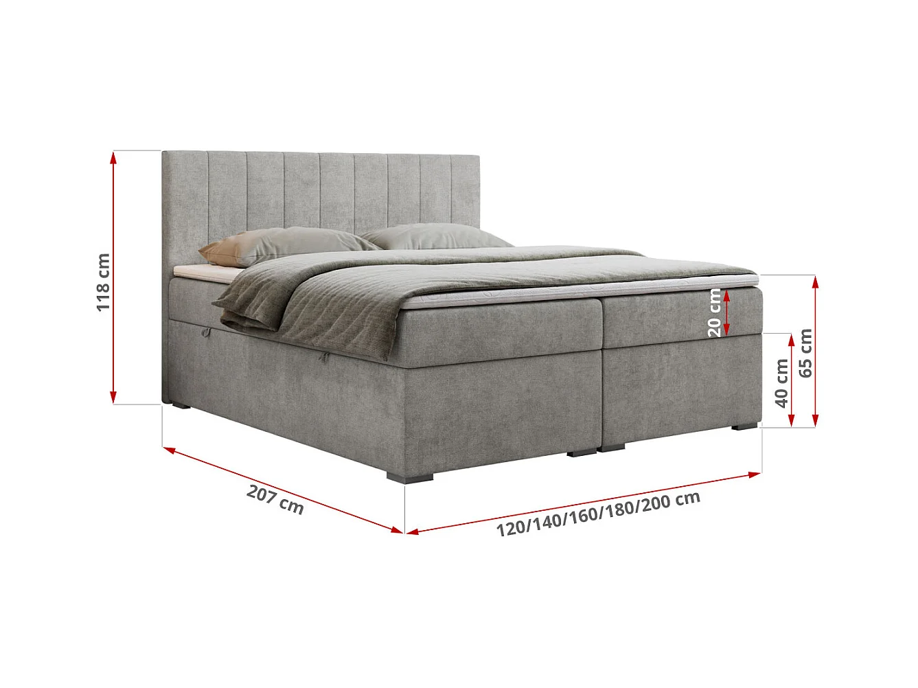 Boxspringbett LOPE - genähtes Kopfteil, Doppelbett mit Stauraum, Multipocket-Matratze, Topper - 180x200 cm - H4 - Hellgrau Strukture