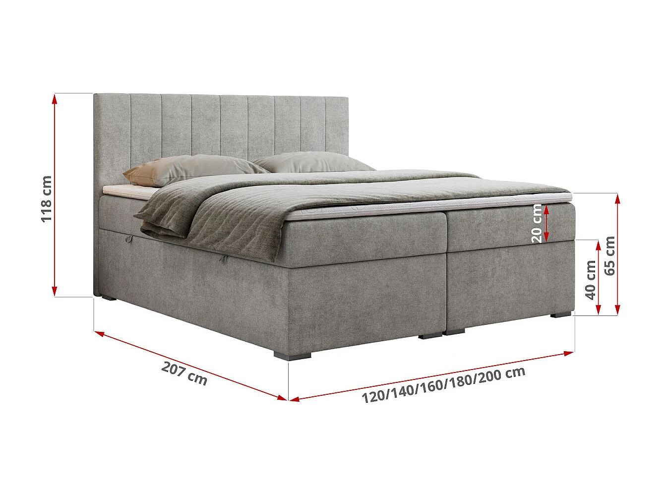 Boxspringbett LOPE - genähtes Kopfteil, Doppelbett mit Stauraum, Multipocket-Matratze, Topper - 180x200 cm - H4 - Hellgrau Strukture