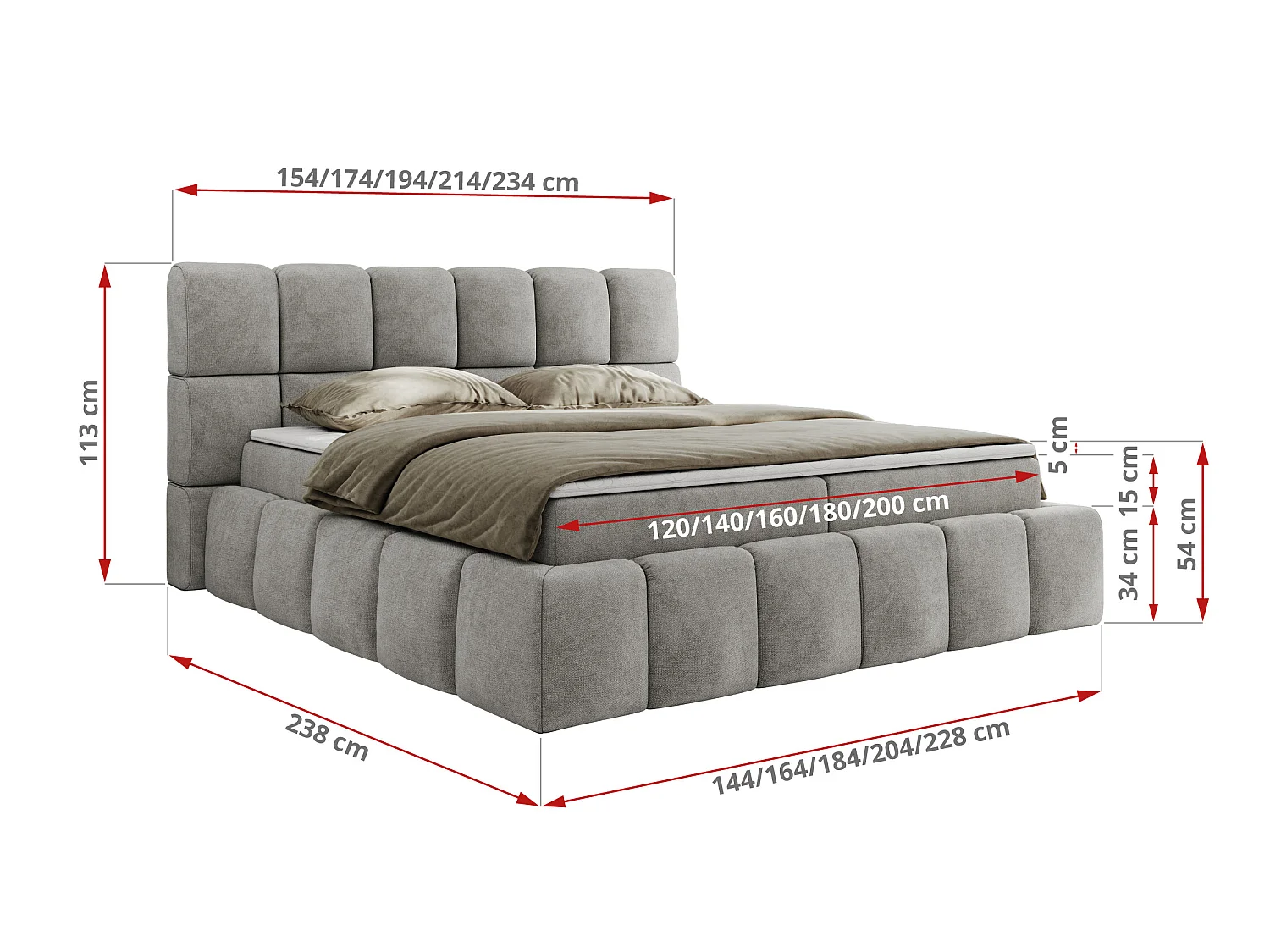 Boxspringbed met hoofdbord H4 + Topper T25 - Lichtgrijs Structuurstof - 140x200 - NIRA