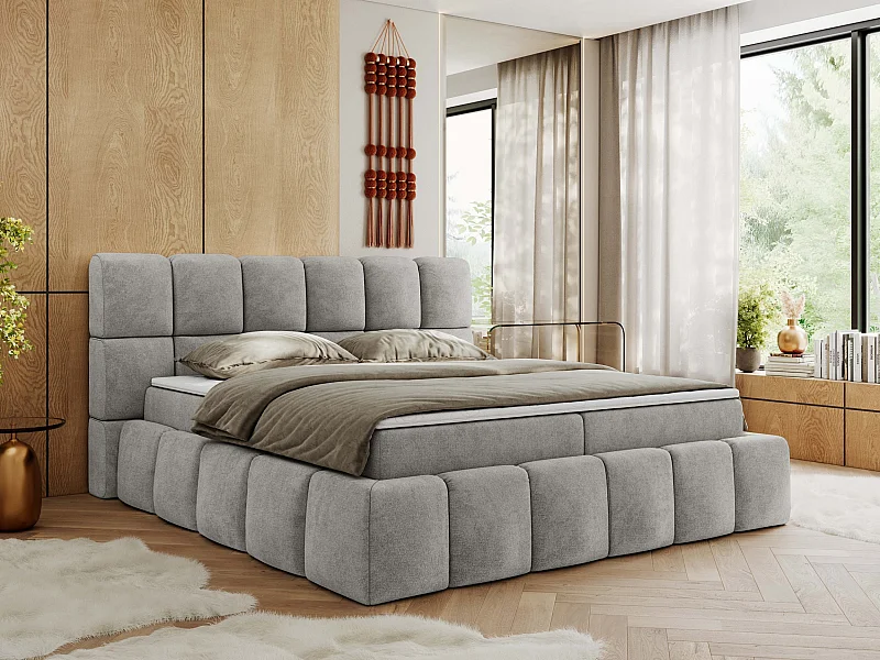 Boxspringbett NIRA - dekorativ kopfteil, Bettkästen und Multipocket-Matratze, Doppelbett für Schlafzimmer - 140x200 cm - H4 - Hellgrau Strukture