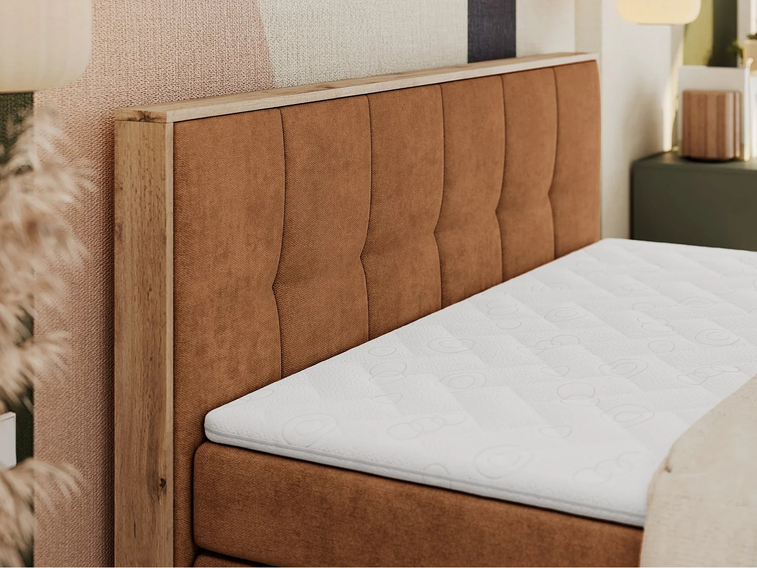 Boxspringbett ALBERO 1 KING - zwei 7 Härtezonen Multipocket-Matratzen, Doppelbett mit Stauraum, Eiche Wotan Holzrahmen - 140x200 cm - H3 - Orange Strukture