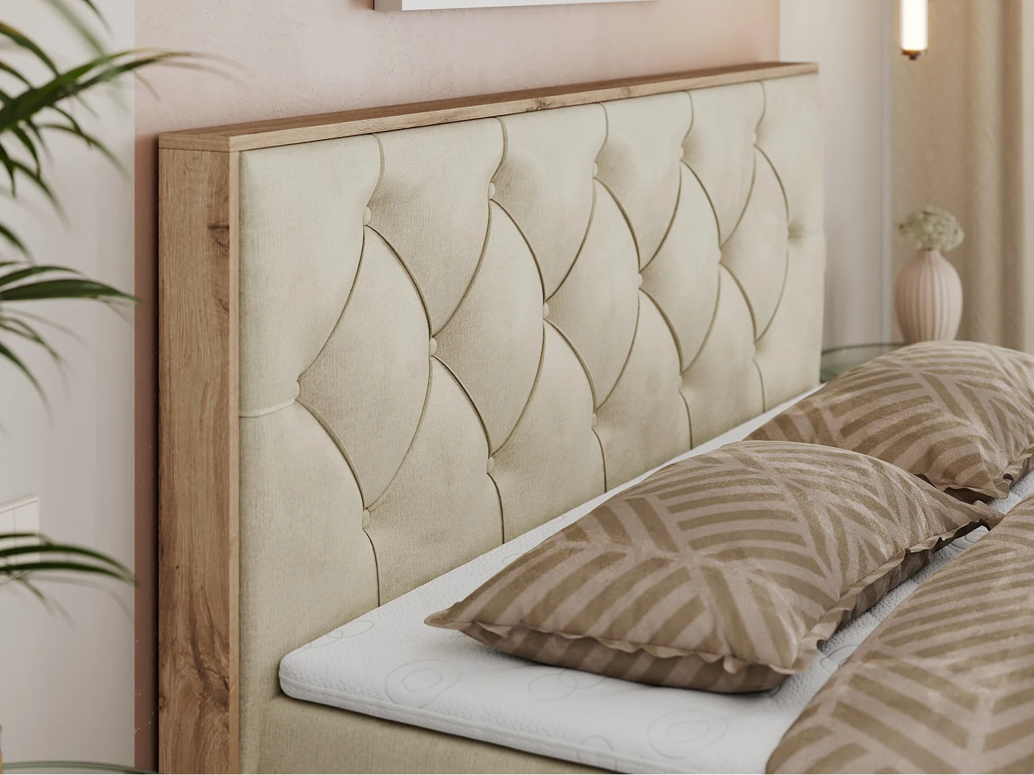 Boxspringbett VENETO - gestepptem Kopfteil, Set mit Multipocket-Matratze und Topper, Holzrahmen, zwei Bettkästen - 200x200 cm - H3 - Beige Velvet