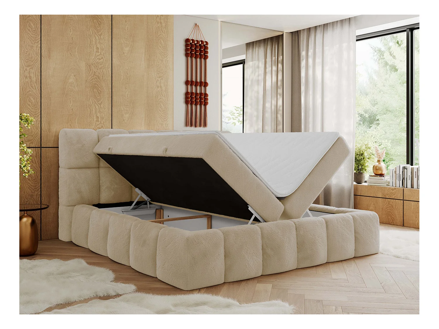 Boxspringbett NIRA - dekorativ kopfteil, Bettkästen und Multipocket-Matratze, Doppelbett für Schlafzimmer - 120x200 cm - H4 - Creme Plüsch