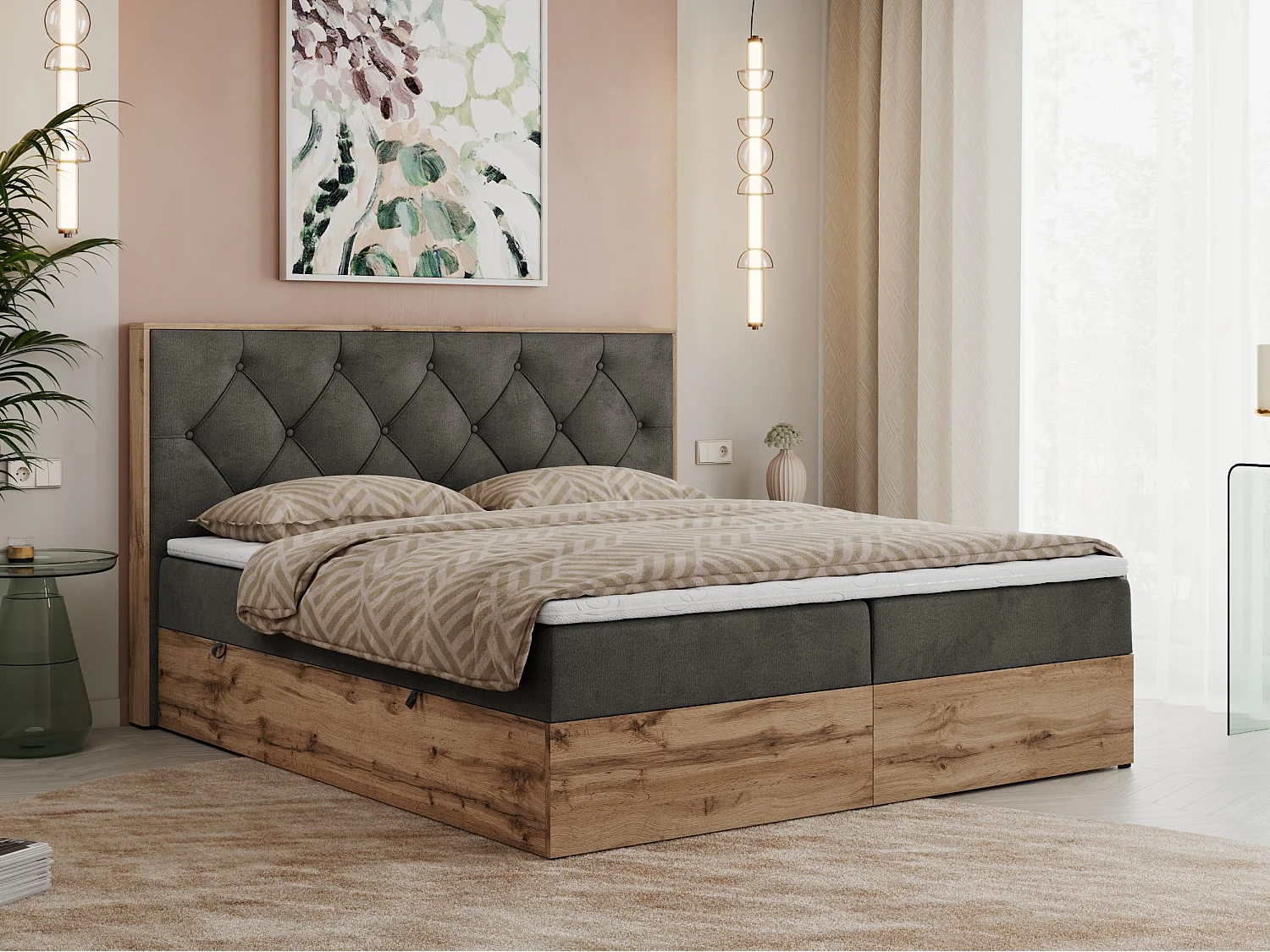Boxspringbett VENETO - gestepptem Kopfteil, Set mit Multipocket-Matratze und Topper, Holzrahmen, zwei Bettkästen - 200x200 cm - H4 - Dunkelgrau Velvet