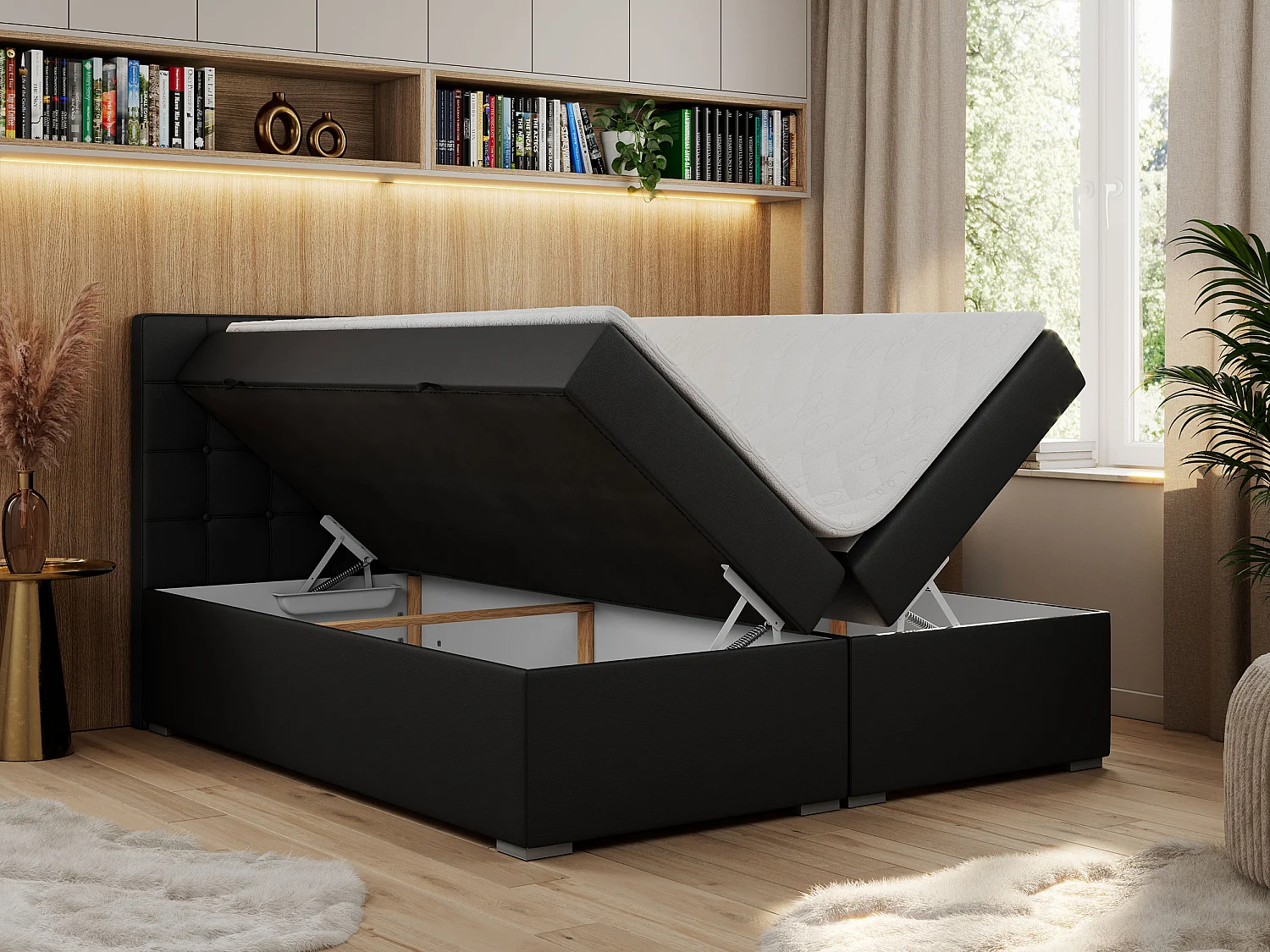 Boxspringbett CARMEN - Polsterbett mit zwei Bettkästen, gesteppte Kopfstütze, Multipocket-Matratze - 160x200 cm - H4 - Schwarz Kunstleder