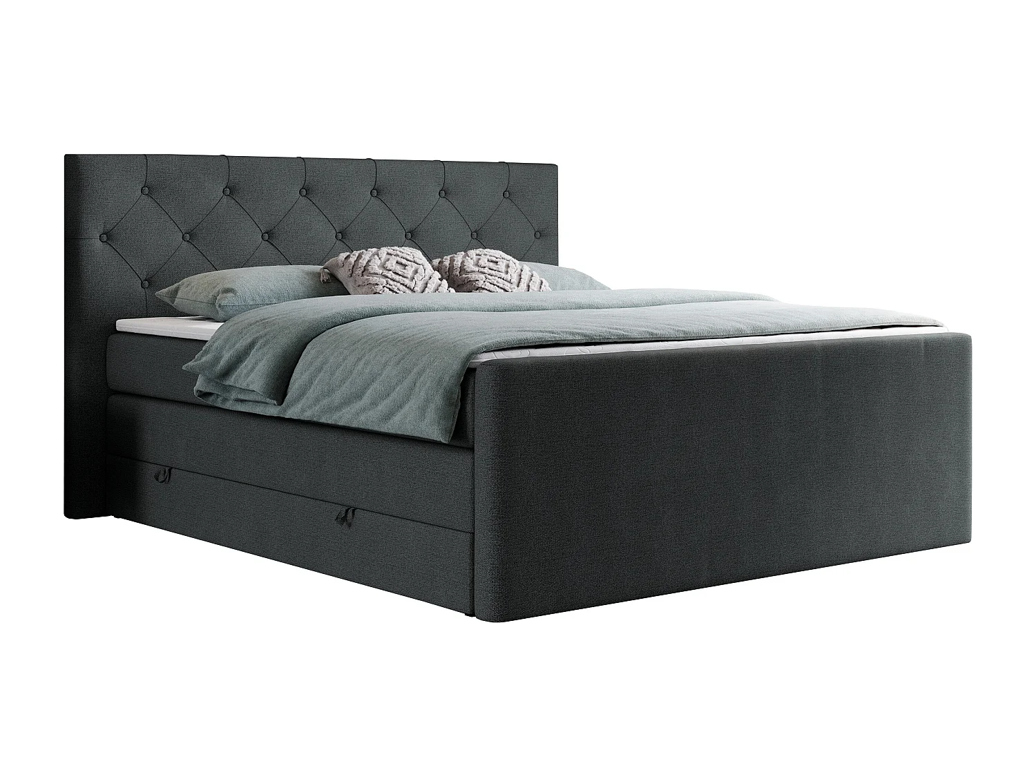 Boxspringbett VELEN KING - Doppelbett mit gestepptem Kopfteil, zwei Multipocket-Matratzen, Polsterbett mit Kopfstütze - 140x200 cm - H4 - Dunkelgrau Strukture