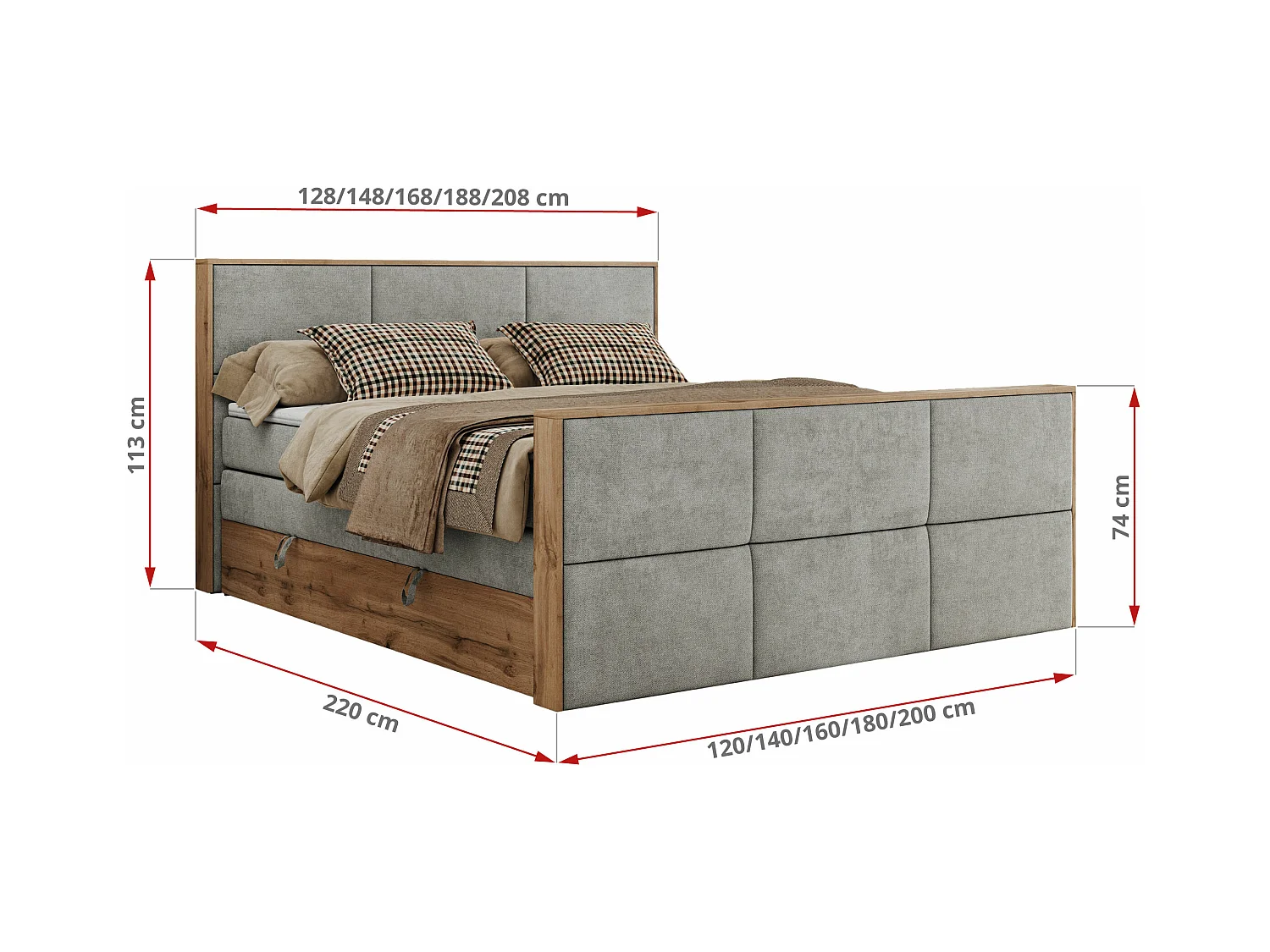 Boxspringbett ALBERO 2 KING DUO - Eiche Wotan Holzrahmen, zwei Multipocket-Matratzen, Bettkästen - 200x200 cm - H3 - Hellgrau Strukture