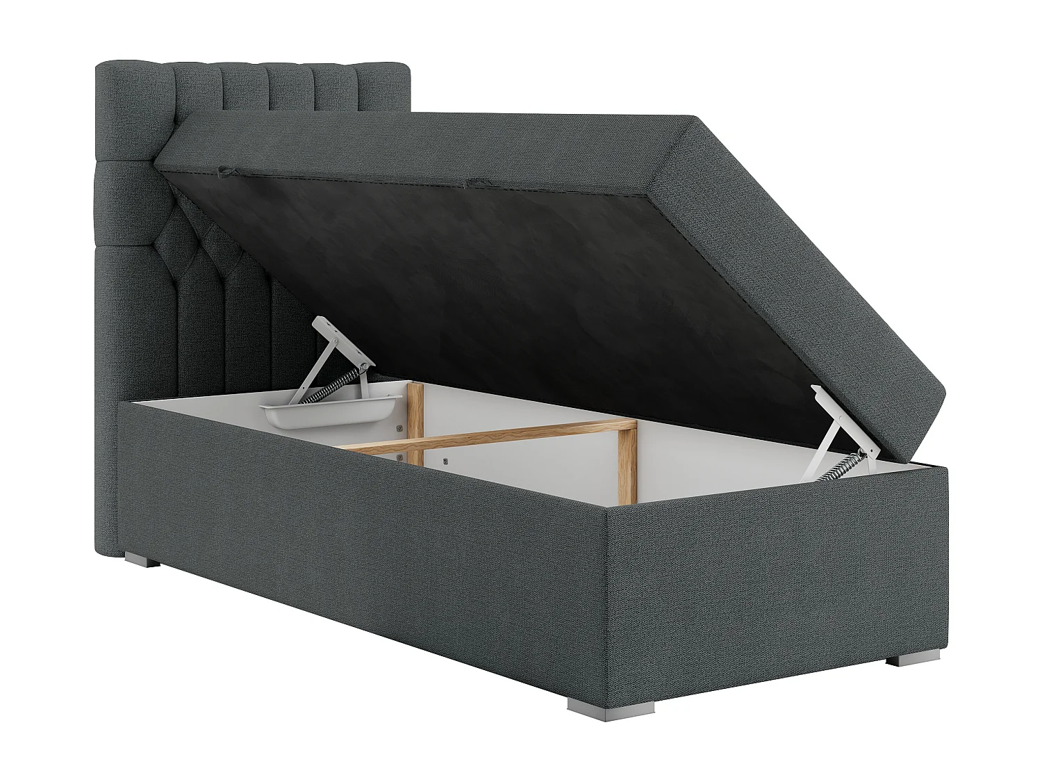 Boxspringbett PERA - Einzelbett mit Kopfstütze, Polsterbett, Multipocket-Matratze, genähtes Kopfteil - 90x200 cm - H3 - Dunkelgrau Strukture - Links Seite