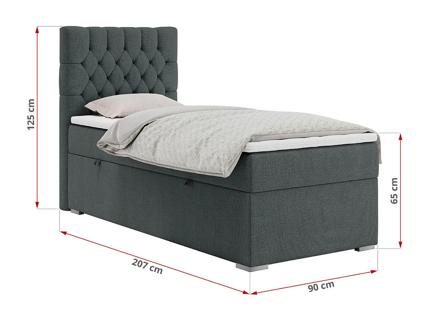 Boxspringbett PERA - Einzelbett mit Kopfstütze, Polsterbett, Multipocket-Matratze, genähtes Kopfteil - 90x200 cm - H3 - Dunkelgrau Strukture - Links Seite